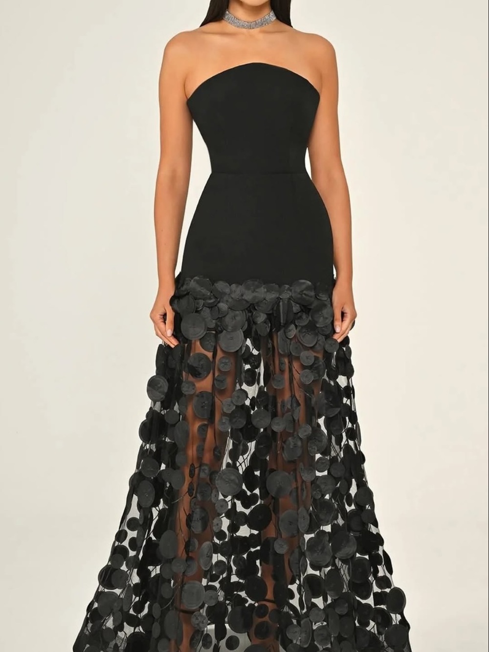 Strapless Black Gown With Sheer A‑Line Skirt